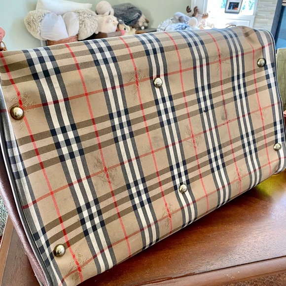 BURBERRY Classic XL Plaid Canvas Leather Duffle Travel Bag James Garner Bob Hope - Picture 5 of 12